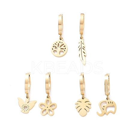 3 Pair 3 Style Leaf & Flower & Butterfly & Tree & Elephant Asymmetrical Earrings EJEW-B020-03G-1