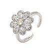 Flower Brass Micro Pave Cubic Zirconia Cuff Rings for Women RJEW-A069-01B-P-4