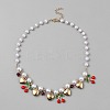ABS Imitation Pearl Round Beaded Alloy Heart Red Cherry Bib Necklaces for Women NJEW-WH0023-76-1