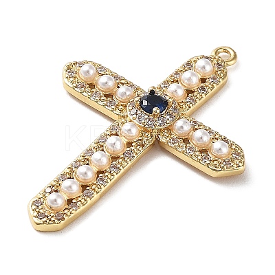 Rack Plating Brass Micro Pave Cubic Zirconia and Plastic pearl Pendants KK-Q786-08G-1