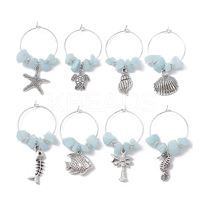 8Pcs Sea Animal Alloy Pendants Wine Glass Charms Sets AJEW-JO00219-1
