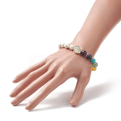 Natural & Synthetic Mixed Gemstone & Brass Virgin Mary Beaded Stretch Bracelet for Women BJEW-JB09323-1