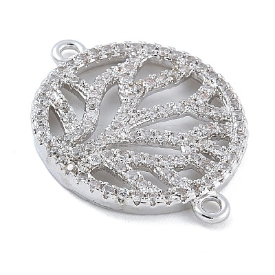 Rack Plating Brass Micro Pave Clear Cubic Zirconia Flat Round with Tree Connector Charms KK-A234-034P-1