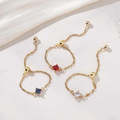 3Pcs Adjustable Brass Pave Glass Rhombus Links & 304 Stainless Steel Cable Chains Silder Finger Rings RJEW-JR00975-1
