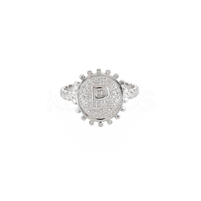 Non-Tarnish 304 Stainless Steel Flat Round with Initial Letter Open Cuff Ring for Men Women RJEW-S405-246P-P-1