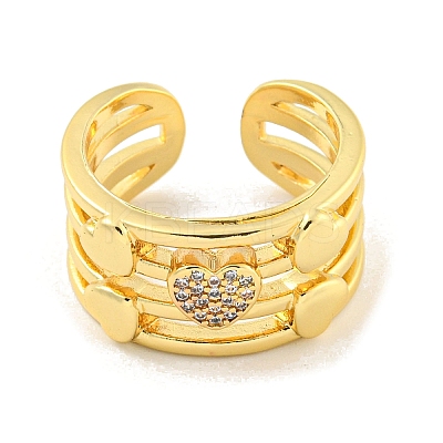 Brass Micro Pave Clear Cubic Zirconia Heart Open Cuff Ring for Women RJEW-M173-09A-G-1