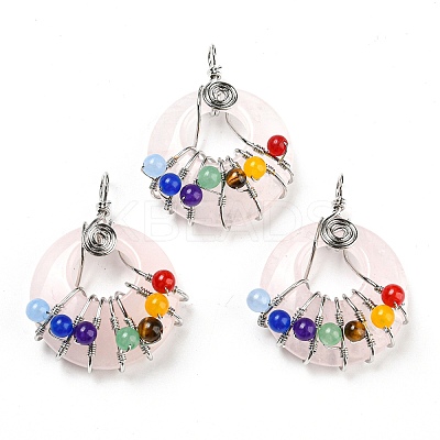 Chakra Natural Rose Quartz Flat Round Pendants G-Z033-06P-01-1