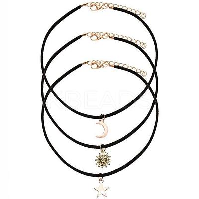 3Pcs 3 Styles Moon Star Sun Alloy Pendant Faux Suede Cord Multi-Strand Choker Necklaces for Women FS-WG071C8-01-1