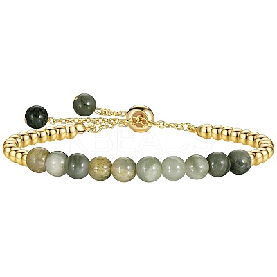Natural Green Line Jasper 304 Stainless Steel Round Beaded Adjustable Slider Bracelets for Men Women AW1156-7-1