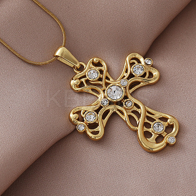Vintage 304 Stainless Steel with Clear Glass Hollow Cross Pendant Necklaces for Women LS-MR8108-1
