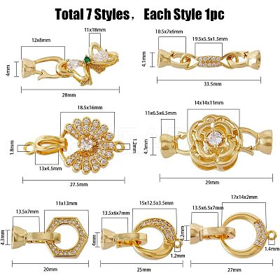 7Pcs 7 Styles Rack Plating Brass Micro Pave Clear Cubic Zirconia Fold Over Clasps KK-FH0004-70-1