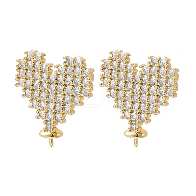 Brass Micro Pave Clear Cubic Zirconia Heart Stud Earring Findings KK-D431-043G-1