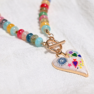 Alloy Enamel Heart Pendant Colorful Glass Rondelle Beaded Necklaces with OT Clasps for Women FS-WG6FAC1-02-1