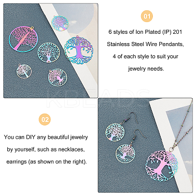 24Pcs 6 Style Ion Plating(IP) 201 Stainless Steel Filigree Pendants STAS-GA0001-29-1