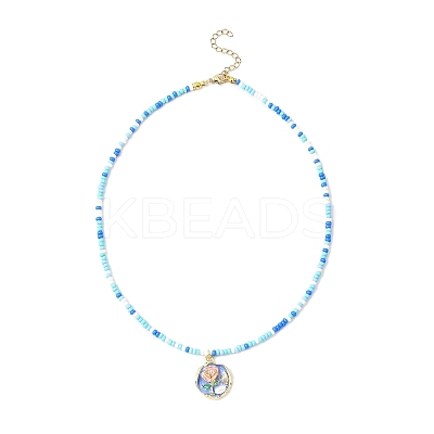 Flower Alloy Enamel Pendant Glass Seed Beaded Necklaces for Women NJEW-JN05550-03-1