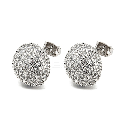 Round Shape Brass Micro Pave Clear Cubic Zirconia Stud Earrings EJEW-Q785-11P-1