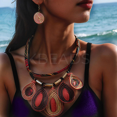 Aluminum Wire Wrapped Resin Beaded Oval Pendant Necklaces & Flat Round Dangle Earrings Sets WGF604D-01-1
