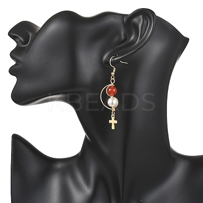 Shell Pearl Cross Dangle Earrings EJEW-JE06706-1