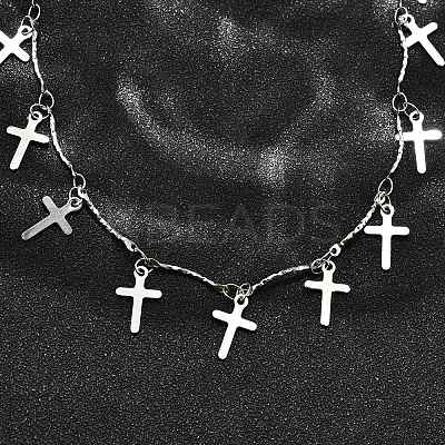 304 Stainless Steel Textured Link Bar Cross Charm Tassel Necklaces NJEW-R023-01P-1
