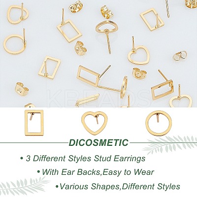 36 Pair 3 Styles 304 Stainless Steel Rectangle & Heart & Flat Round Stud Earrings EJEW-DC0001-10-1