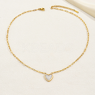 Natural Shell Heart Pendant Necklaces with Golden Stainless Steel Paperclip Chains EU3732-2-1