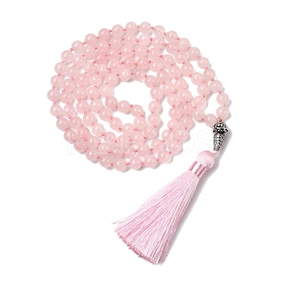 Natural Rose Quartz Mala Prayer Round Beaded Wrap Necklaces with Long Tassel and Metal Tree of Life FS-WG93CBE-02-1