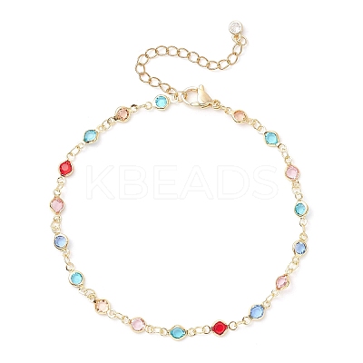 Brass & Glass Colorful Flat Round Link Chain Anklets AJEW-AN00731-1