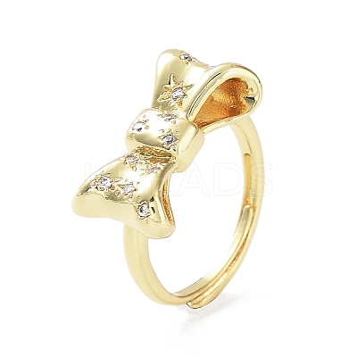 Bowknot Rack Plating Brass Micro Pave Clear Cubic Zirconia Adjustable Rings for Women RJEW-D020-01G-1