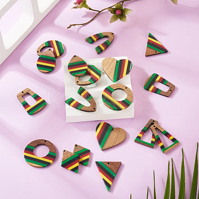 18Pcs 9 Styles Jamaican Colour Epoxy Resin & Walnut Wood Pendants RESI-TA0003-87-1
