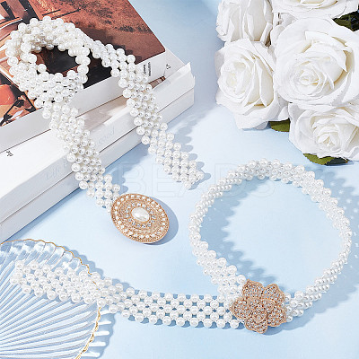 2Pcs 2 Style ABS Plastic Pearl Braided Stretch Chain Belts with Alloy Oval Clasp AJEW-CP0001-65-1