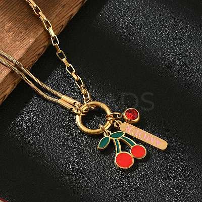 304 Stainless Steel Red Enamel and Siam Rhinestone Cherry Pendant Necklaces for Women NJEW-M091-02G-1