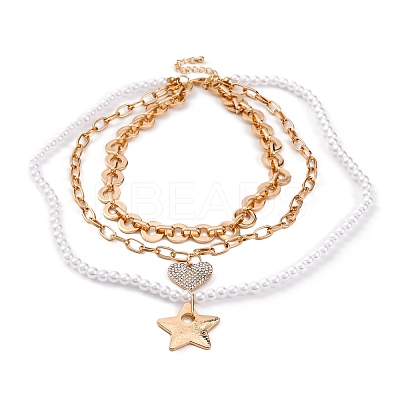 Alloy & Plastic Pearl 3 Layer Necklaces for Women NJEW-U013-03G-1