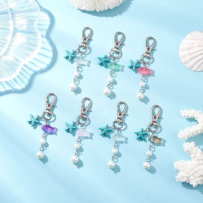 7Pcs Starfish Synthetic Turquoise & Glass Fish Beads Pendant Decorations HJEW-JM04134-1