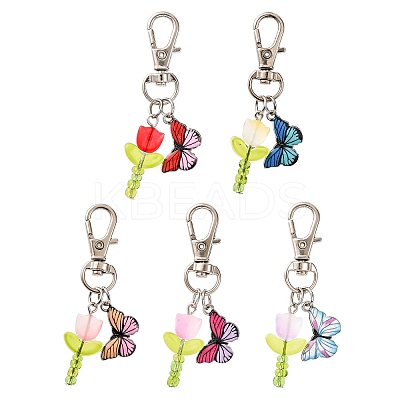 5Pcs Glass Tulip & Alloy Enamel Butterfly Pendant Decorations HJEW-JM04154-1