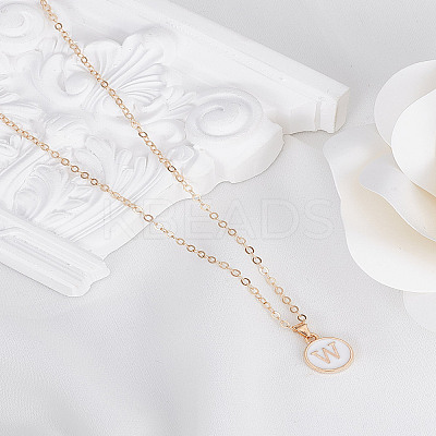 1Pc Zinc Alloy White Enamel Round with Letter Pendant Necklaces NJEW-LP0002-88G-W-1
