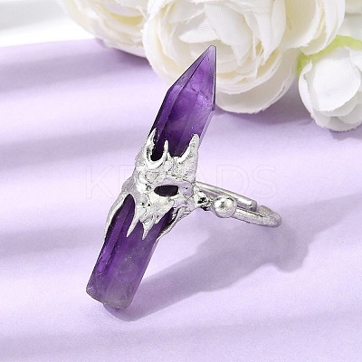 Natural Amethyst & Brass Cuff Rings for Women RJEW-G374-01P-12-1