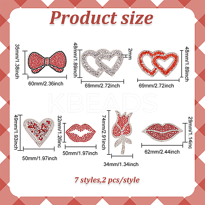 14Pcs 7 Style Valentine's Day Theme Hotfix Rhinestone Iron on Patches PATC-FG0001-70-1