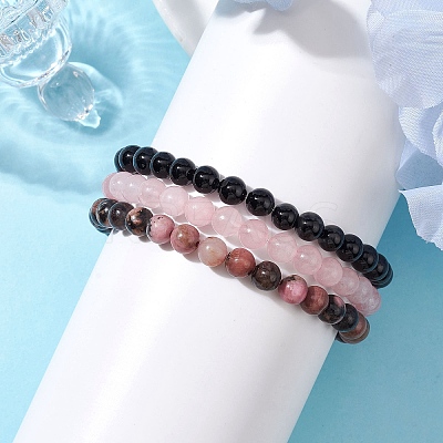 3Pcs 3 Style Natural Mixed Stone Round Beaded Stretch Bracelets BJEW-JB10178-01-1