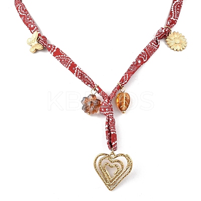 304 Stainless Steel Heart & Glass Leaf Flower Pendant Printed Polyester Cord Necklaces for Women NJEW-A063-07G-1