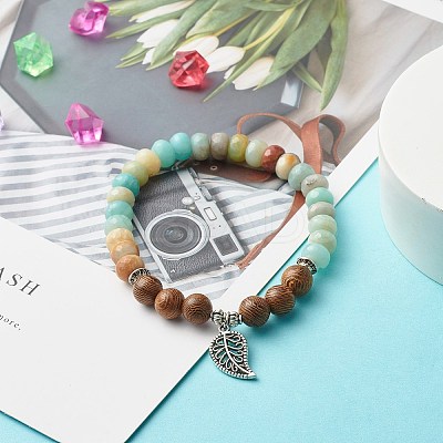 Reiki Natural Amazonite & Wenge Wood Beads Stretch Bracelet BJEW-JB06896-01-1