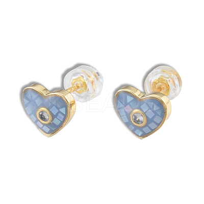 Natural Shell & Enamel Heart Stud Earrings with Cubic Zirconia EJEW-N011-79C-1