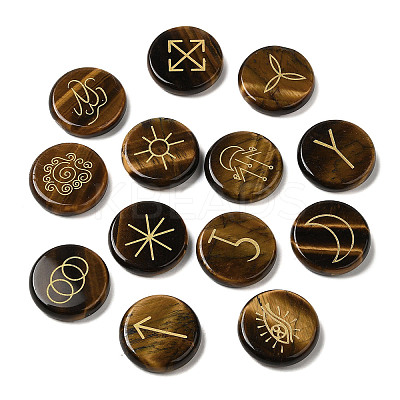 13Pcs Flat Round Natural Tiger Eye Rune Stones G-K335-08D-1