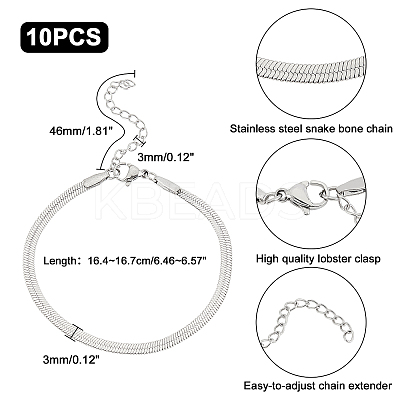 10Pcs 3mm 304 Stainless Steel Flat Snake Dome Herringbone Chain Link Bracelet for Men Women BJEW-UN0001-27-1