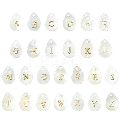 26Pcs 26 Styles Natural Shell Teardrop Charms with Golden Tone Metal Letter Slices SHEL-CJ0001-33-1