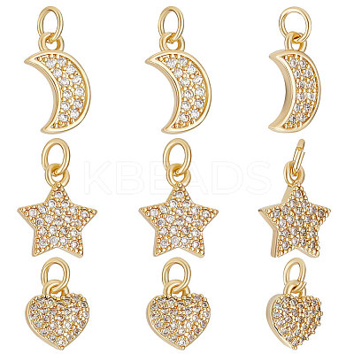 12Pcs 3 Style Brass Micro Pave Clear Cubic Zirconia Charms KK-BBC0007-24-1