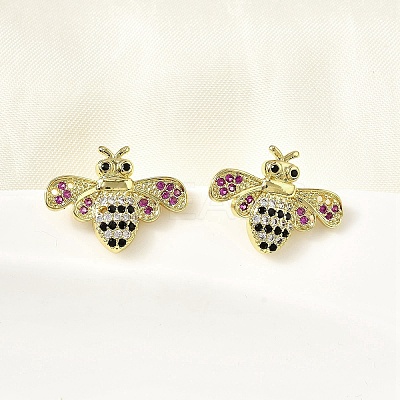 Brass Colorful Cubic Zirconia Bees Stud Earrings EJEW-L261-017G-1