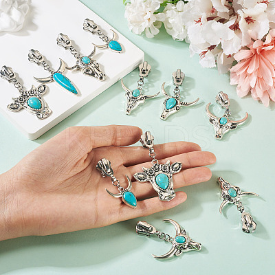 14Pcs 7 Styles Cattle Head Alloy & Synthetic Turquoise Zipper Sliders HJEW-TAC0102-1