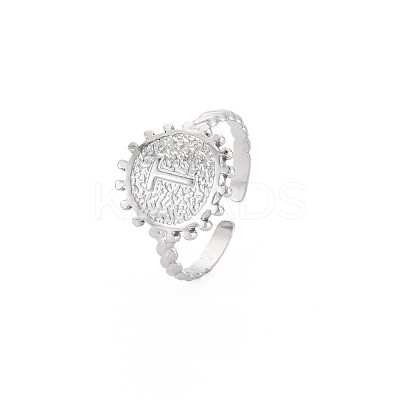 Non-Tarnish 304 Stainless Steel Flat Round with Initial Letter Open Cuff Ring for Men Women RJEW-S405-246P-T-1