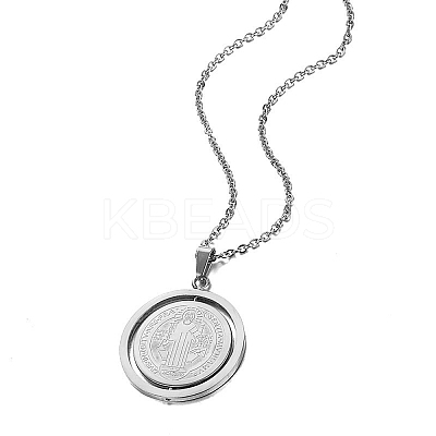 304 Stainless Steel Rotatable Saint Benedict Medal Pendant Necklaces for Women NJEW-G187-01P-1