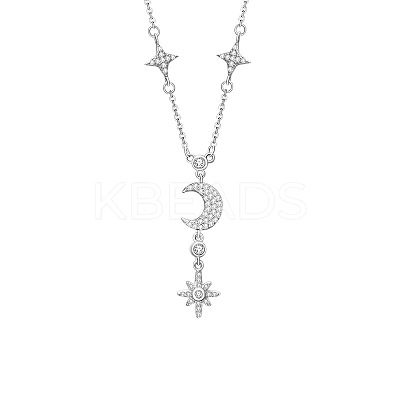Star & Moon 925 Sterling Silver Micro Pave Clear Cubic Zirconia Pendant Necklaces WG720FB-01-1